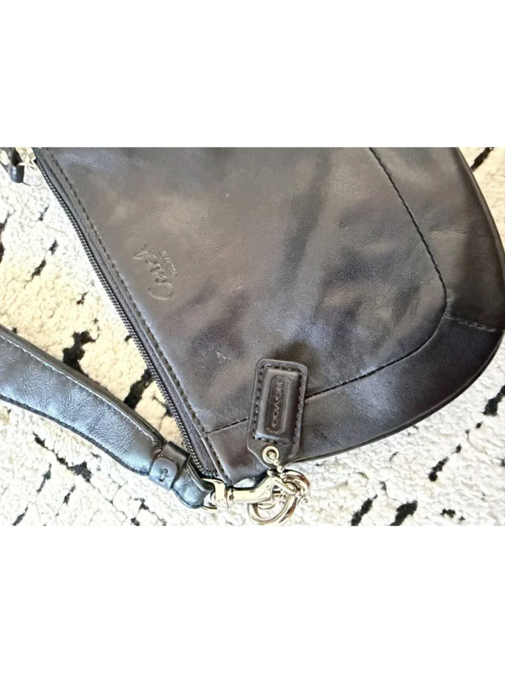 COACH Black Leather Wristlet Zip Clutch Bag